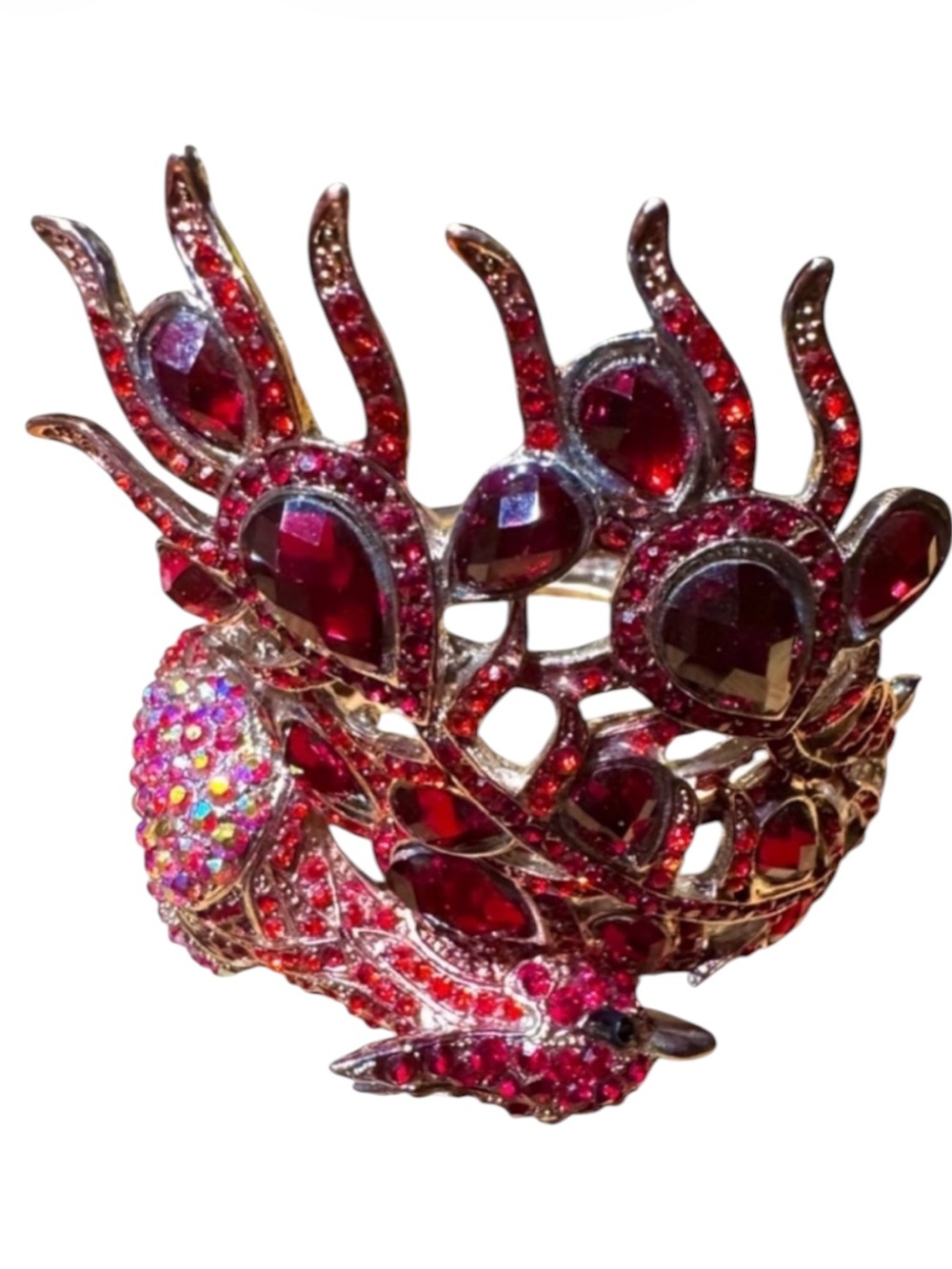 YACQ Big Peacock Silver-Tone Hinged Cuff Bracelet w Red &Iridescent Red Crystals